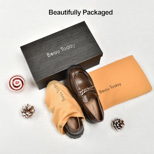 Image of BEAU TODAY Chunky Loafers for Women,Womens Platform Loafer Shoes,Chunky Heel Lug Sole Slip-on Metal Chain Shoes,Comfort Round Toe Business Work Office Shoes