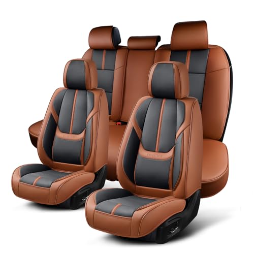 Auto Car Seat Covers Accessories Full Set Leather Cushion Protector Breathable Waterproof Seat Cover for Cars Universal Fit (Brown&Black, FullSet Without Headrest)