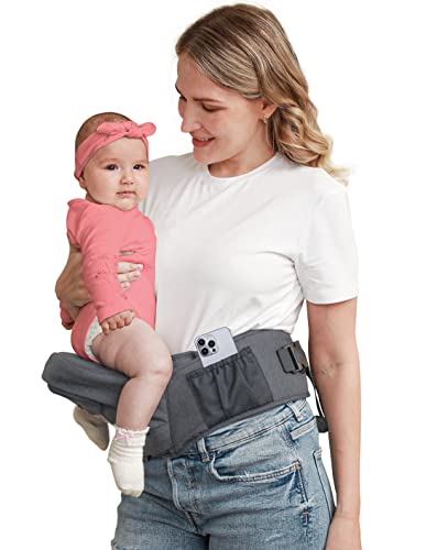 Image of Baby Hip Carrier, BABYMUST Toddler Hip Carrier for Baby Child with Adjustable Long Waistbands, Various Pockets, and Ergonomic No-Slipped Seat Perfect for 8-66lbs All-Seasons Grey
