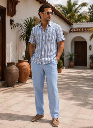 Image of Majestic Man Men's Pure Cotton Striped Half Sleeve Slim Fit Casual Shirt for Men