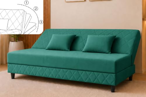Image of Velvet Fabric Sofa Cum Bed | 3 Seater Sofa Bed | Premium Upholstered Folding Couch for Living Room, Guest Room & Bedroom | Quilted Backrest with 2 Cushions (Green)