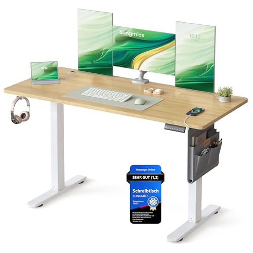 SONGMICS Höhenverstellbarer Schreibtisch elektrisch, 140 x 60 cm, Memory-Funktion mit 4 Höhen, USB-C-Anschluss, goldeichenfarben LSD134YA01