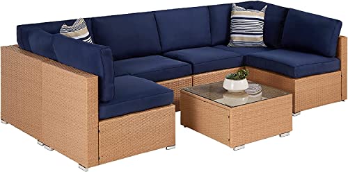 Image of DEVOKO Outdoor Wicker 6-Seater Sectional Sofa Set with Powder Coated Iron Frame and Water Resistant Cushions for Garden, Poolside, Patio, Porch (Beige and Navy Blue)
