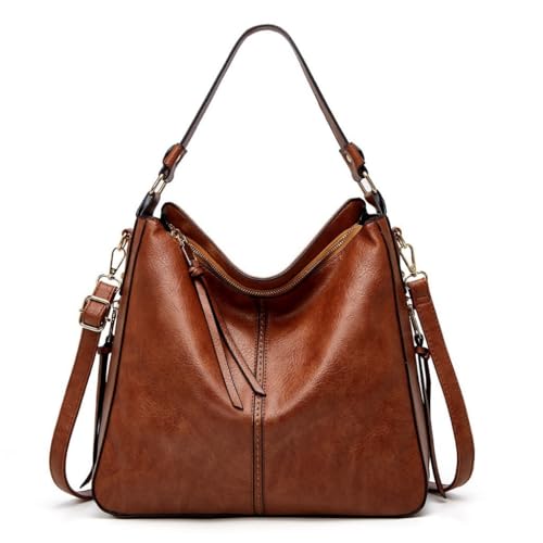 Bolsa Feminina Tote em Couro PU Grande Capacidade com Alça de Ombro e Fechamento em Zíper(-Y067-Marrom)