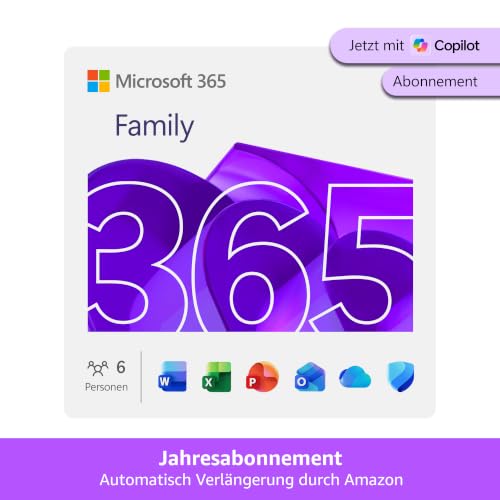 Microsoft 365 Family | 1 Jahr | bis zu 6 Personen | Office Apps mit KI | bis zu 6 TB Cloudspeicher | Amazon Abonnement mit automatischer Verlängerung