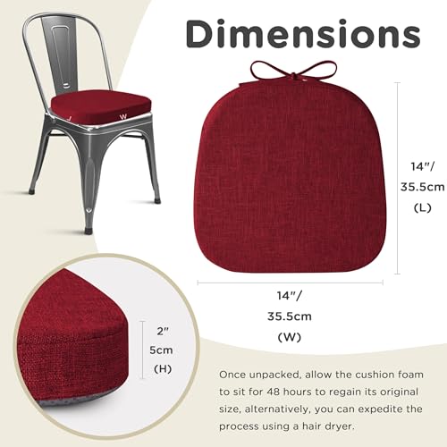 Image of AddGrace Set of 6 Chair Cushions for Metal Dining Chairs 14x14 Red | Non Slip,Washable Removable Cover with Ties, Textured, for Kitchen Dining Room Indoor, Hard Wooden Chairs, Family Gathering