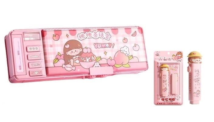 Image of Invite New Cartoon Theme Pencil Box with Push Pull Eraser Set for Kids | Suitcase Style Password Lock Stationery Organizer | School Supplies Gift Combo for Boys & Girls (Pink Beauty Compass + Eraser)