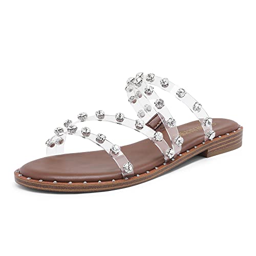 Image of DREAM PAIRS Women's Clear Studded Rhinestone Slide Sandals Slip on Open Toe Cute Flat Sandals for Summer