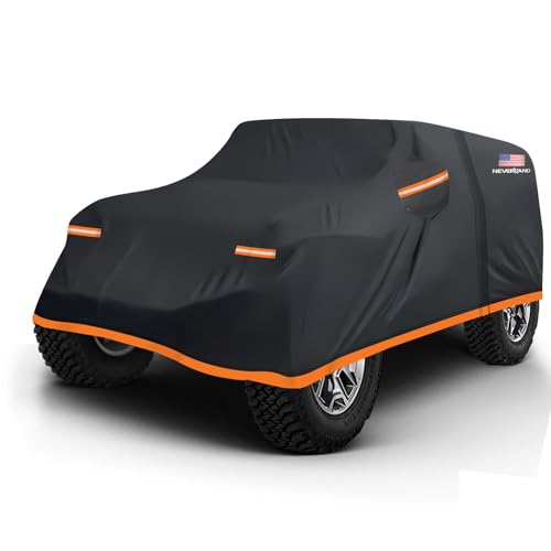 NEVERLAND Car Cover for Jeep Wrangler 2 Door Waterproof Car Covers, All Weather Protection Jeep Sun Rain Protection for Wrangler 2 Fits JK JL 2007-2025 Outdoor Covers (Black+Orange)