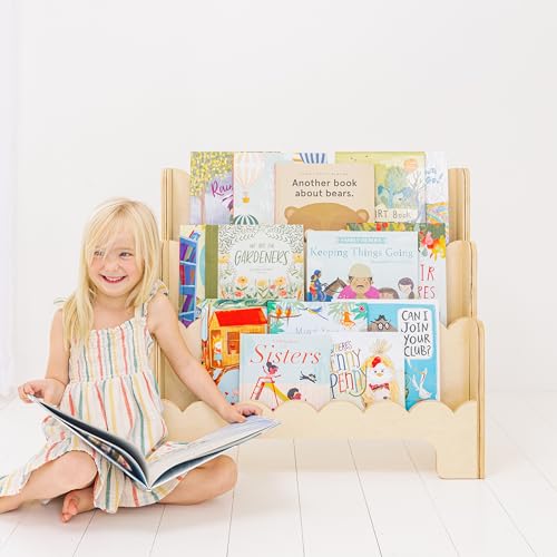 Wooden Kids Bookshelf w/Scalloped Edges – Perfect Height 3-Tier Montessori Bookshelf for Kids – Durable Childrens Bookcase for Kids Room or Playroom – Toddler Bookshelf Rack – Baby Book Shelf Nursery