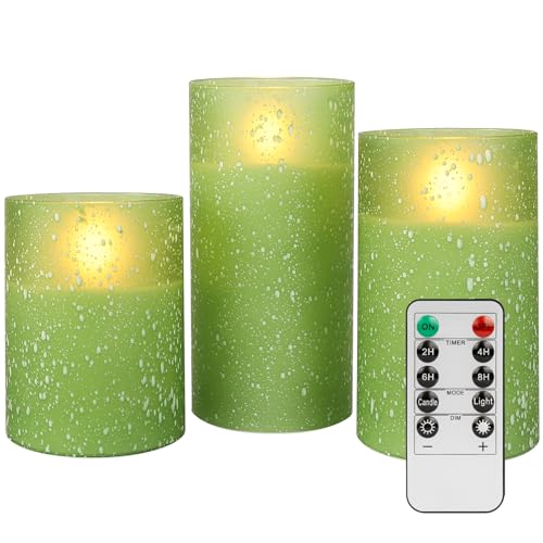 Image of Green Flameless Candles with Remote, LED Flickering Battery Operated Pillar Candles with Time, Safe for Home Decor, 3 Sizes (3x4, 3x5, 3x6), No Flame, Ideal for Parties and Events