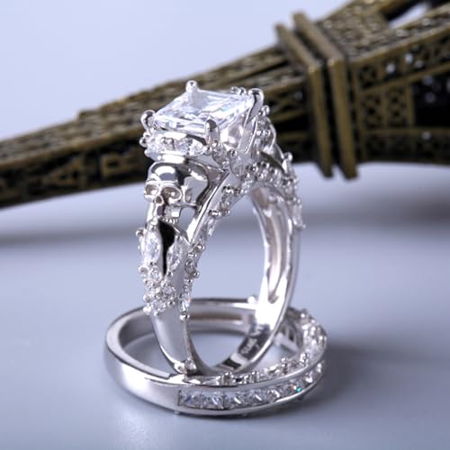 Jeulia Skull Engagement Ring Sets Sterling Silver Promise Eternity Band Rings Diamond Princess Cut with Cubic Zirconia Wedding Engagement Anniversary Promise Rings Bridal Sets (5.0(U.S)) - Image 9