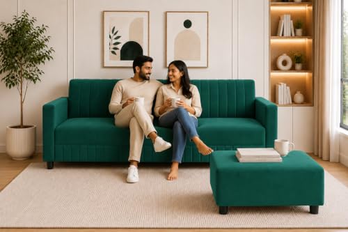 Image of Modern 3-Seater Velvet Sofa with Ottoman | Vertical Channel Tufted Backrest | Plush Cushioned Seating | Stylish Contemporary Sofa for Living Room, Bedroom & Office | Green
