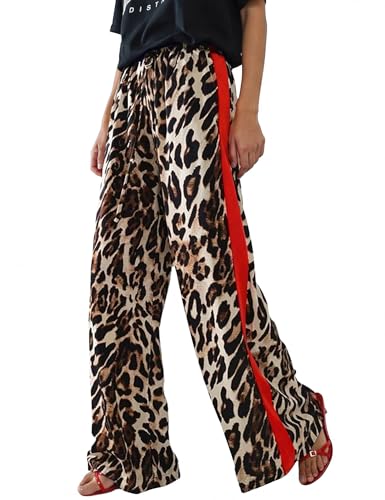 Rapbin Leopard Print Pants for Women Baggy Wide Leg Straight