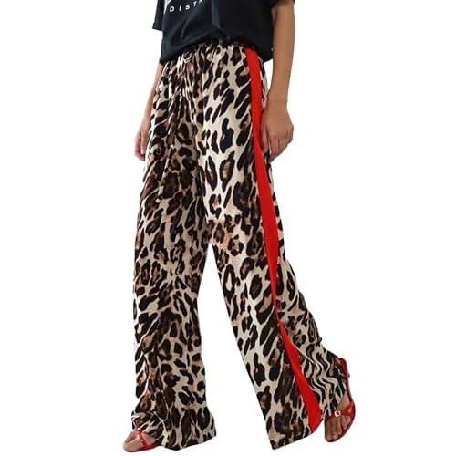 Rapbin Women's Leopard Wide Leg Pants Casual Side Striped High Waisted Palazzo Trousers with Pockets Spring 2026 White Base With Brown Leopard Print Medium