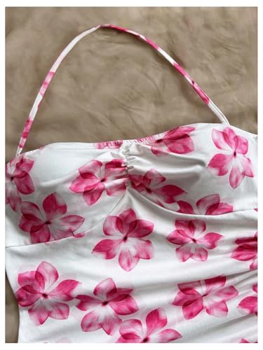 Girl's Floral Halter Dress Side Drawstring Sleeveless Asymmetrical Fitted Short Dresses3