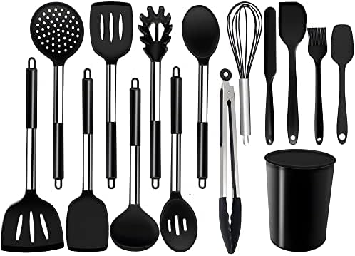 NTVKID Silicone Kitchen Utensil Set-15-Piece Stainless Steel Cooking Tool Kit with Holder, Spatula, Ladle, Pasta Server, Tongs, Whisk & More, Non-stick Heat Resistant, BPA Free, Dishwasher Safe, Black