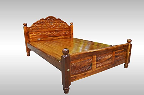 Image of Wooden Cot King Size (78 inchx72 inch) Bedsize Without Storage Teak Finish (Brown)