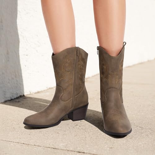 DREAM PAIRS Cowboy Boots for Women, Mid Calf Cowgirl Boots with Embroidery Round Toe Western Chunky Low Heel Shoes,Size 7,Camel,DWUMMB2505