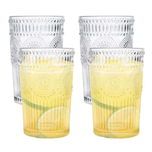 SUNOYA Kaffeetassen, Romantische Trinkgläser 380ml, 4 Stück Romantische Wassergläser, Vintage Geprägte Glasbecher, Trinkgläser, Wassergläser, Vintage Gläser Wasser Für Wasser Getränk Cocktail