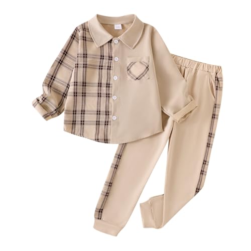 Image of Boy Clothes Fall Winter Outfits Long Sleeve Plaid Patchwork Button Down Shirt + Casual Pocket Sweatpants 5-14 Years