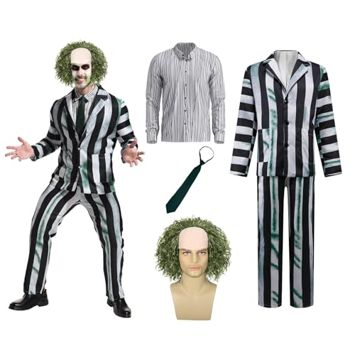 AKFJDLAD Herren Kostüm für Erwachsene Halloween Horror Cosplay Schwarz Weiß Gestreiftes Anzug Set mit Krawatte und Perücke (M)