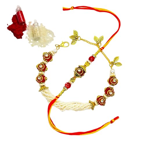 Handmade Kundan Ball And Glass Beads Rakhi Set for Bhai And Bhabhi | Unique Designer Handmade Couple Rakhi Set | Beautiful Handwoven 1 Pair of Rakhi For Brother and Sister-in-Law (Red Kundan Ball -
