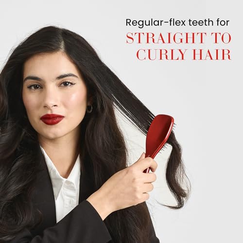 Image of Tangle Teezer x Devil Wears Prada Detangler Mini Hair Brush, Red Metallic | Patented two-tier, regular-flex teeth reduce breakage & split ends on wet or dry hair; limited-edition hairbrush for all ages