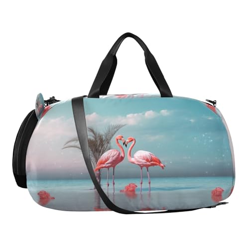 YETTASBIN Sport Travel Duffel Bag for Girls Boys, Flamingo Large Waterproof Weekender Overnight Bag, Detachable Shoulder Strap Gym Bag with Shoe Compartment & Wet Pocket2