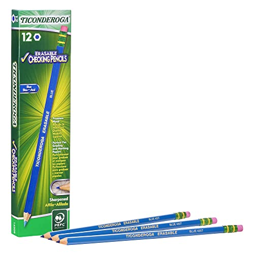 Image of Ticonderoga Erasable Checking Pencils with Eraser, Pre-sharpened, Red, 12-Pack (14259) & Erasable Checking Wood-Cased Pencils, Pre-Sharpened, Blue, 12 Count