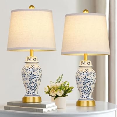 RORIANO Chinoiserie Ceramic Table Lamps Set of 2 for Living Room Bedroom Bedside, Traditional Blue and White Porcelain Classic Table Lamp for Nightstand Entryway, 2 LED Bulbs Included (Gold)