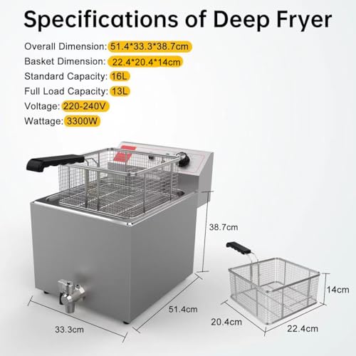 Valgus Professionelle elektrische Fritteuse aus Edelstahl 3300W 16L Großraum-Küchen-Fritteuse mit Korb und Deckel, Ablaufsystem – Bild 3