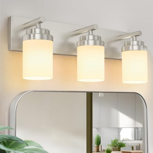 Image of IZORRO Bathroom Vanity Light Fixture, 3-Light 22 Inch Brushed Nickel Bathroom Light Fixtures Over Mirror, with White Glass Shade, Modern Farmhouse Vanity Lights, Rustic Restroom Lighting Fixtures