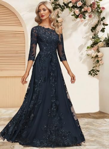 Long Sleeve Mother of The Bride Dresses for Women A Line Lace Appliqued Formal Dress One Shoulder Tulle Evening Gown4