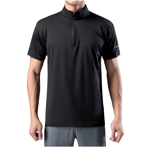 Summer Men T Shirt Quarter Zip Pullover Short Sleeve Sweatshirts Slim Fit Mock Neck Shirts Athletic Gym Tops