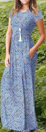 Image of EUOVMY Women's Short Sleeve Loose Plain Maxi Dresses Casual Vacation Long Dresses with Pockets