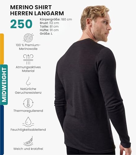 100% Merino Langarmshirt Herren - Merino Unterwäsche Herren Atmungsaktiv Und Feuchtigkeitsableitend + Wollsocken (Medium, Charcoal Gray 250)
