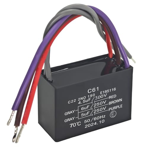 C61 5 Wire Ceiling Fan Capacitor 250VAC 4.5uF+5uF+6uF - Replacement for Ceiling Fan Motors and Speed Regulation