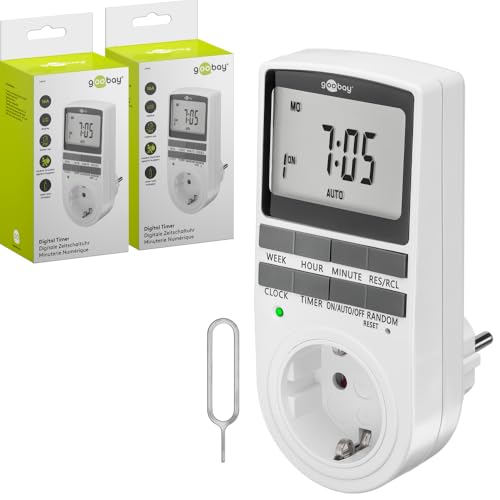 goobay   Juego de 2 temporizadores digitales   16 programas – Toma de corriente temporizador modo aleatorio para protección antirrobo   incl. batería reserva 100 días   3680W   230V (AC)   16A – 74215