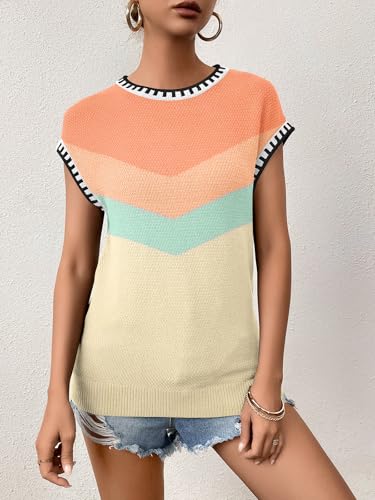 Image of Cap Sleeve Sweater Tops for Women 2026 Knit Summer Sleeveless Tank Vest | Slim Fit, Trendy Color Block, Soft, Skin-Friendly, Strechy, Lightweight, Breathable, Casual Daily Wear