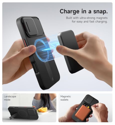 Image of SURITCH for iPhone 16 Pro Max Case with Magnetic Camera Slide Cover and Adjustable Kickstand, Compatible with MagSafe, Shockproof Bumper Case Slim Protective Cover 6.9 Inch, Black