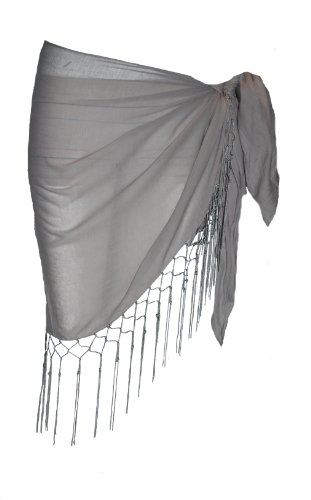 Plain Half Grey Cotton Sarong With Tassels & Beads...