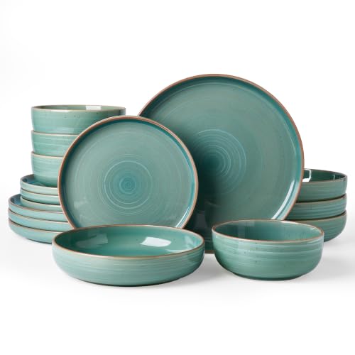 Image of Famiware Meteor 16-Piece Stoneware Plates and Bowls, Peacock Green | Dinnerware Set with Pasta Bowls for 4, Reactive Glaze Dish Set, Microwave & Dishwasher Safe, Chip & Scratch Resistant