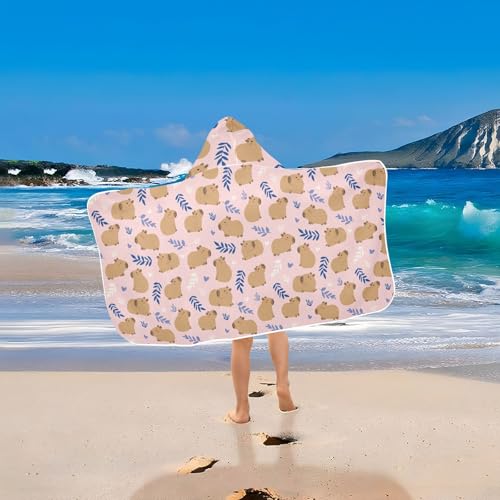 Image of Pink Cute Capybara Hooded Beach Towel for Kids, Kids Bath Hooded Towels for Boys Girls, Super Soft Absorbent Bathrobe with Hood for Swin Pool 50 inchx23.5 inch