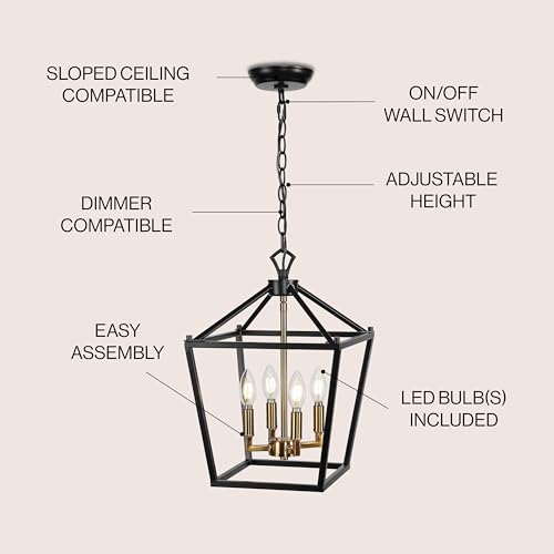 Image of JONATHAN Y Pagoda 4-Light Pendant 12 inch Cage, Oil Rubbed Bronze /Brass Gold | Traditional Metal Farmhouse Hanging Lantern Ceiling Fixture, Adjustable Chain Link, For Kitchen Island, LED Bulb Included