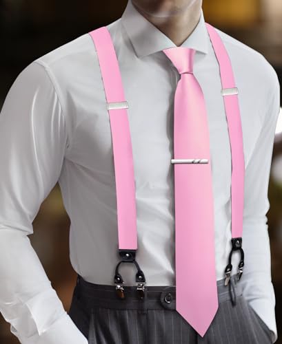 Image of Barry.Wang Men Suspender Set with Necktie Elastic Y Type Heavy Duty 6 Clips Braces Tie Handkerchief Cufflink Pin 6PCS