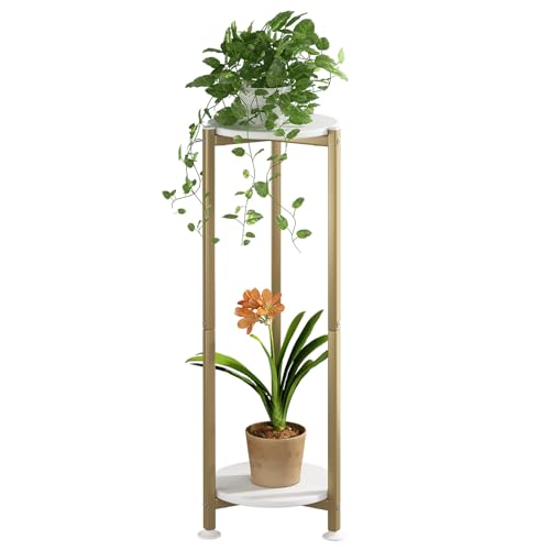 YIZAIJIA Plant Stand Indoor Corner Tall 2 Tier Metal Modern Flower Storage Plant Shelf Holder for Living Room Balcony Garden Gold (2 Tier-Gold Round)