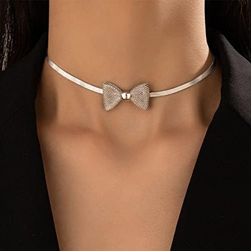 Sttiafay Silver Snake Chain Choker Necklace Hollow Bow Herringbone Necklace Short Clavicle Necklace Punk Choker Collar Jewelry Party Prom Accessories for Women Girls