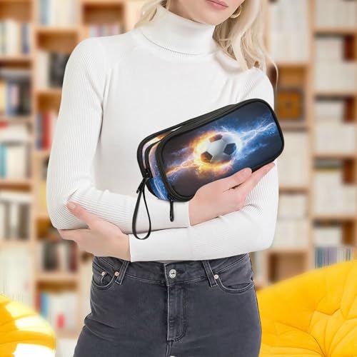 Image of Big Capacity Soccer Ball Burning Student Pencil Case 3 Compartments Football Ball Pencil Bag Girls Boys Makeup bag Pen Pouch Large Stationery Zippers Organizer School College Office Teens Adults