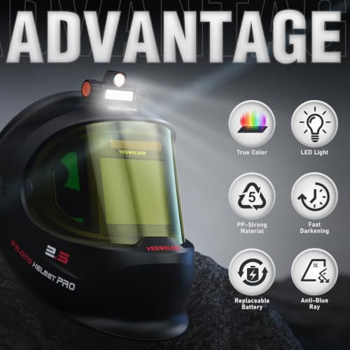 Image of YESWELDER Auto Darkening Welding Helmet with SIDE VIEW and LED, 180 Panoramic View, 1 /1 /1 /1 True Color Solar Powered Welder Hood, Wide Shade 3 /5-9 /9-13 Welder Mask for TIG MIG ARC CUT and GRIND